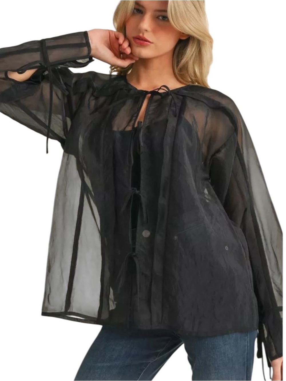 T159 - Jodifl Sheer Organza Boho Tie Front Blouse Cutout Sleeve Black NWT